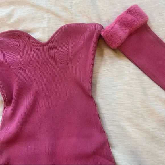 Staud Josee Fur Trimmed Long Sleeve Pink Mini Dress , NEW - Picture 6 of 16